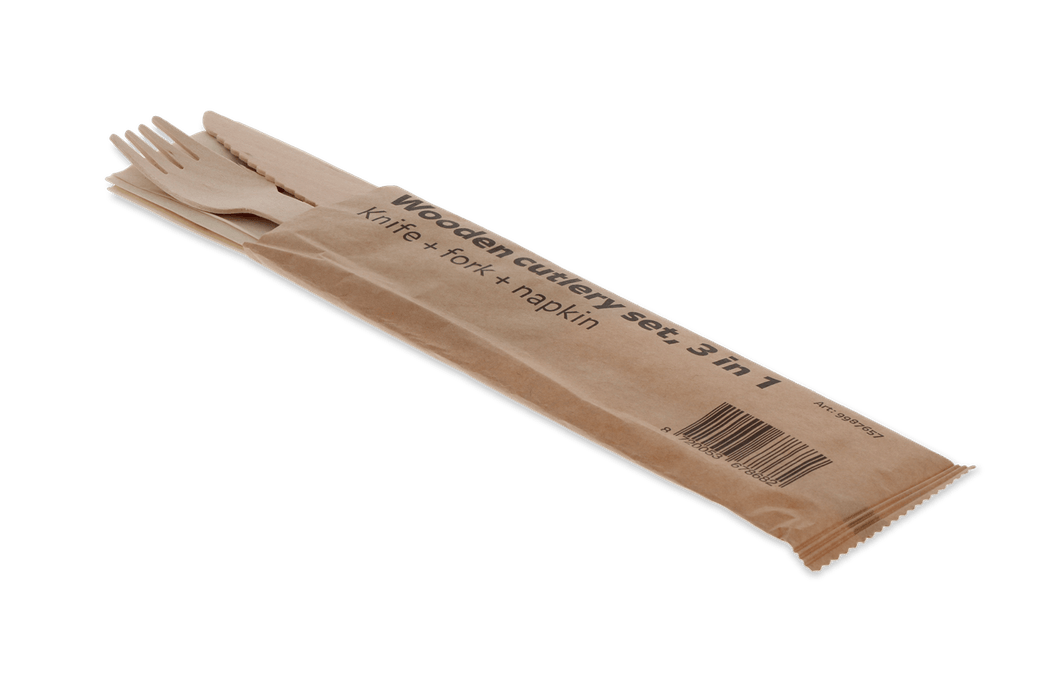 Houten bestekset 3/1 mes + vork + servet