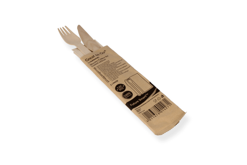 Houten bestekset 3/1 mes + vork (FSC 100%) + servet 165 mm gecoat