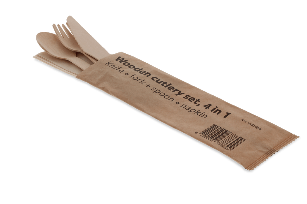 Houten bestekset 4/1 mes + vork + lepel + servet (FSC 100%)